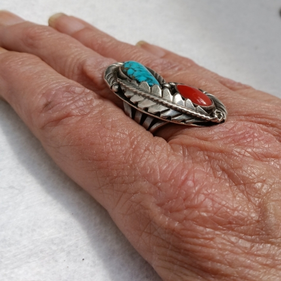 Native American Turquoise Red Coral Statement Sterling Silver Ring - Picture 3 of 7